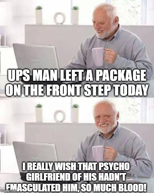 He Left His Package | UPS MAN LEFT A PACKAGE ON THE FRONT STEP TODAY; I REALLY WISH THAT PSYCHO GIRLFRIEND OF HIS HADN'T EMASCULATED HIM, SO MUCH BLOOD! | image tagged in memes,hide the pain harold | made w/ Imgflip meme maker