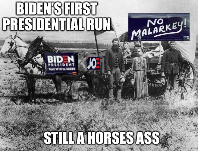 Pioneer Wagon |  BIDEN’S FIRST PRESIDENTIAL RUN; STILL A HORSES ASS | image tagged in pioneer wagon | made w/ Imgflip meme maker