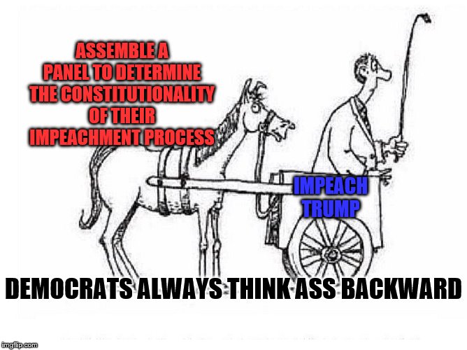 Cart Before Horse | ASSEMBLE A PANEL TO DETERMINE THE CONSTITUTIONALITY OF THEIR IMPEACHMENT PROCESS; IMPEACH TRUMP; DEMOCRATS ALWAYS THINK ASS BACKWARD | image tagged in cart before horse,memes,political memes | made w/ Imgflip meme maker