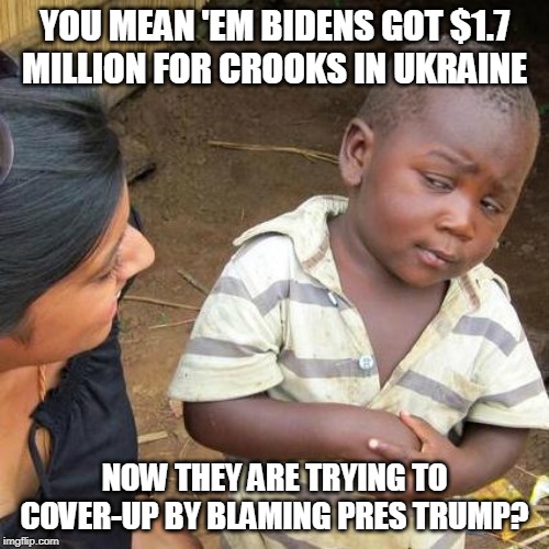 Third World Skeptical Kid Meme | YOU MEAN 'EM BIDENS GOT $1.7 MILLION FOR CROOKS IN UKRAINE; NOW THEY ARE TRYING TO COVER-UP BY BLAMING PRES TRUMP? | image tagged in memes,third world skeptical kid | made w/ Imgflip meme maker