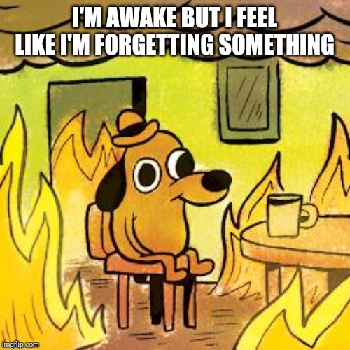 Dog in burning house | I'M AWAKE BUT I FEEL LIKE I'M FORGETTING SOMETHING | image tagged in dog in burning house | made w/ Imgflip meme maker