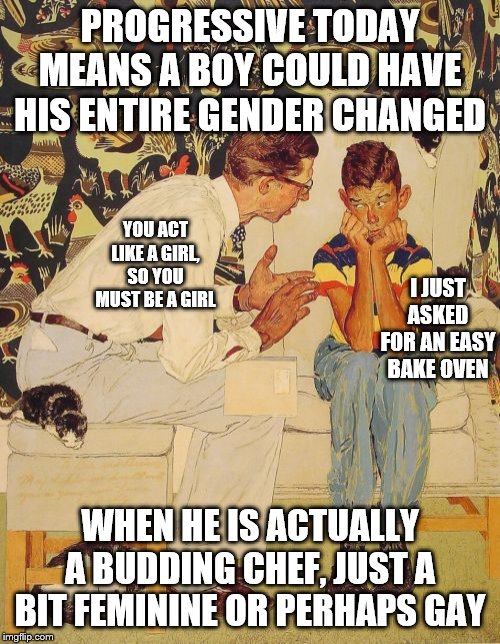 The Problem Is Meme | PROGRESSIVE TODAY MEANS A BOY COULD HAVE HIS ENTIRE GENDER CHANGED; YOU ACT LIKE A GIRL, SO YOU MUST BE A GIRL; I JUST ASKED FOR AN EASY BAKE OVEN; WHEN HE IS ACTUALLY A BUDDING CHEF, JUST A BIT FEMININE OR PERHAPS GAY | image tagged in memes,the probelm is,political meme | made w/ Imgflip meme maker