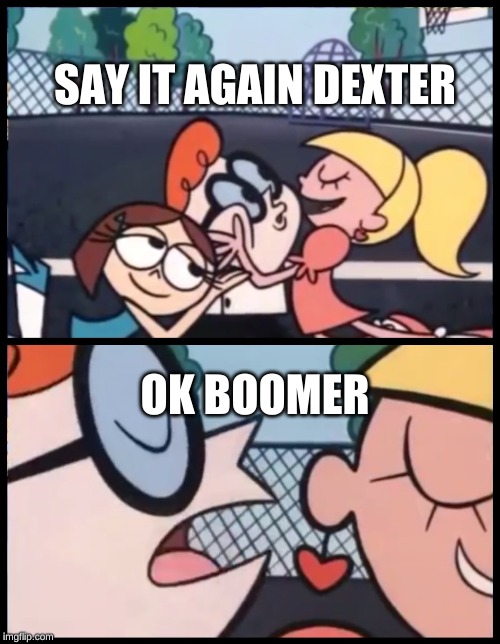 Say it Again, Dexter Meme | SAY IT AGAIN DEXTER; OK BOOMER | image tagged in memes,say it again dexter | made w/ Imgflip meme maker