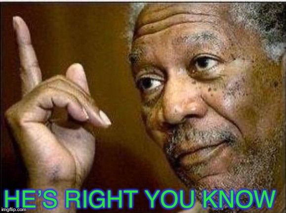 morgan freeman | HE’S RIGHT YOU KNOW | image tagged in morgan freeman | made w/ Imgflip meme maker