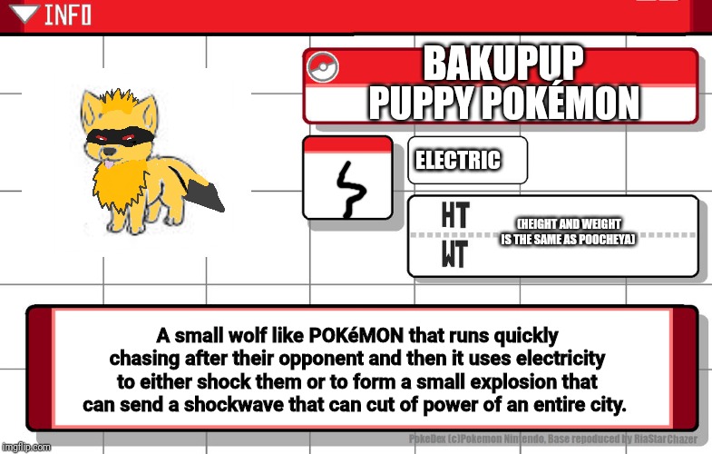 Yeah... I can't spell.  | BAKUPUP; PUPPY POKÉMON; ELECTRIC; (HEIGHT AND WEIGHT IS THE SAME AS POOCHEYA); A small wolf like POKéMON that runs quickly chasing after their opponent and then it uses electricity to either shock them or to form a small explosion that can send a shockwave that can cut of power of an entire city. | image tagged in imgflip username pokedex | made w/ Imgflip meme maker