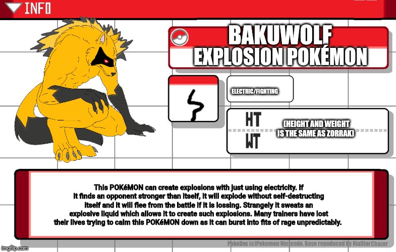I got inspired from the MHA Character, Katsuki Bakugou, so... If he was a Pokémon. This that they'd be.  | BAKUWOLF; EXPLOSION POKÉMON; ELECTRIC/FIGHTING; (HEIGHT AND WEIGHT IS THE SAME AS ZORRAK); This POKéMON can create explosions with just using electricity. If it finds an opponent stronger than itself, it will explode without self-destructing itself and it will flee from the battle if it is lossing. Strangely it sweats an explosive liquid which allows it to create such explosions. Many trainers have lost their lives trying to calm this POKéMON down as it can burst into fits of rage unpredictably. | image tagged in imgflip username pokedex | made w/ Imgflip meme maker