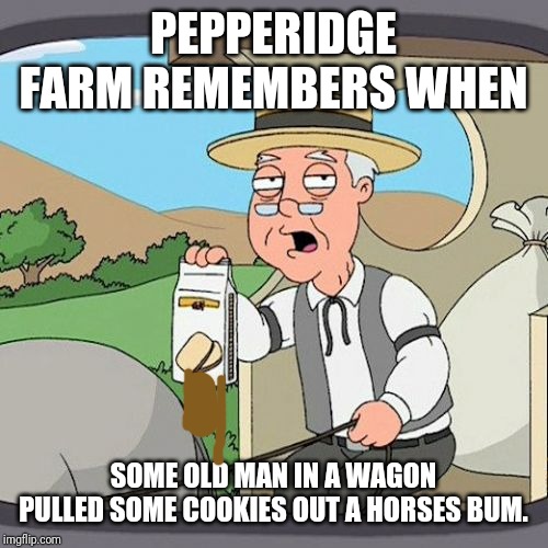 Pepperidge Farm Remembers | PEPPERIDGE FARM REMEMBERS WHEN; SOME OLD MAN IN A WAGON PULLED SOME COOKIES OUT A HORSES BUM. | image tagged in memes,pepperidge farm remembers | made w/ Imgflip meme maker