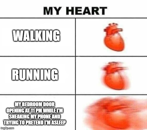 My heart blank | WALKING; RUNNING; MY BEDROOM DOOR OPENING AT 11 PM WHILE I'M SNEAKING MY PHONE AND TRYING TO PRETEND I'M ASLEEP | image tagged in my heart blank | made w/ Imgflip meme maker