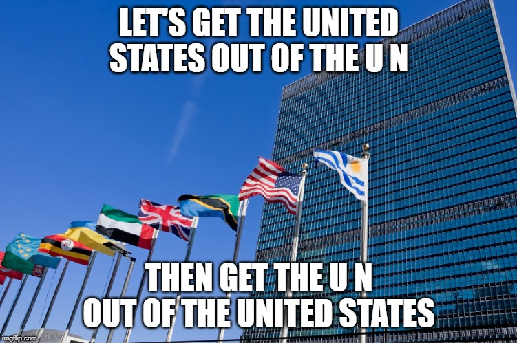 united nations | LET'S GET THE UNITED STATES OUT OF THE U N; THEN GET THE U N OUT OF THE UNITED STATES | image tagged in united nations | made w/ Imgflip meme maker