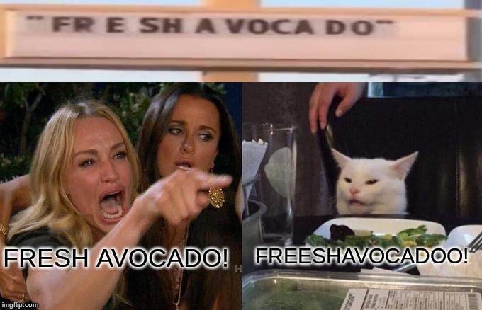 Woman Yelling At Cat | FREESHAVOCADOO! FRESH AVOCADO! | image tagged in memes,woman yelling at cat | made w/ Imgflip meme maker
