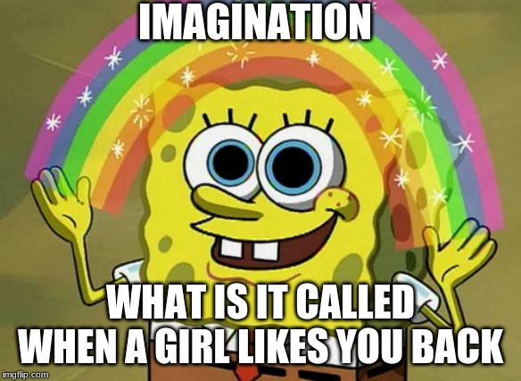 Imagination Spongebob | IMAGINATION; WHAT IS IT CALLED WHEN A GIRL LIKES YOU BACK | image tagged in memes,imagination spongebob | made w/ Imgflip meme maker