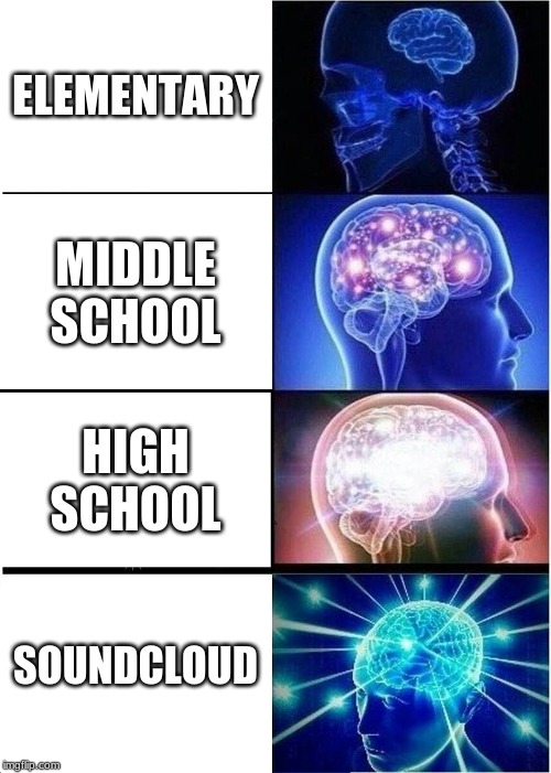 Expanding Brain Meme | ELEMENTARY; MIDDLE SCHOOL; HIGH SCHOOL; SOUNDCLOUD | image tagged in memes,expanding brain | made w/ Imgflip meme maker