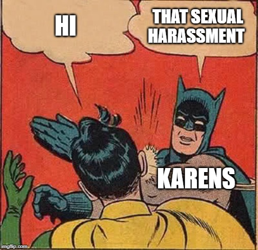Batman Slapping Robin | HI; THAT SEXUAL HARASSMENT; KARENS | image tagged in memes,batman slapping robin | made w/ Imgflip meme maker