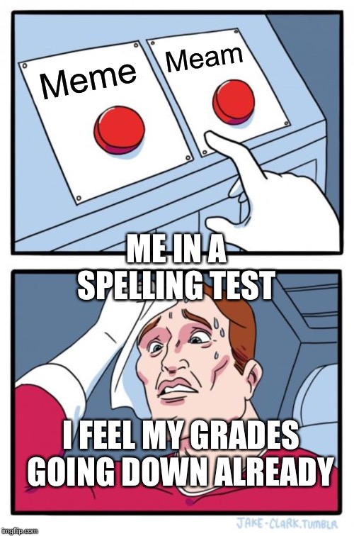 Two Buttons | Meam; Meme; ME IN A SPELLING TEST; I FEEL MY GRADES GOING DOWN ALREADY | image tagged in memes,two buttons | made w/ Imgflip meme maker