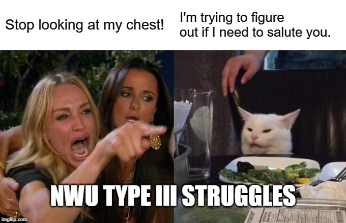 Woman Yelling At Cat Meme |  Stop looking at my chest! I'm trying to figure out if I need to salute you. NWU TYPE III STRUGGLES | image tagged in memes,woman yelling at cat | made w/ Imgflip meme maker
