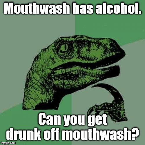 Philosoraptor | Mouthwash has alcohol. Can you get drunk off mouthwash? | image tagged in memes,philosoraptor | made w/ Imgflip meme maker