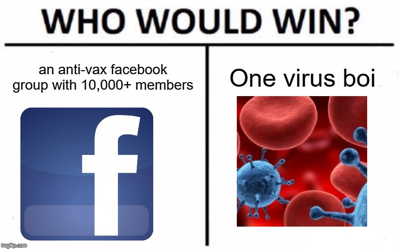 just one virus | an anti-vax facebook group with 10,000+ members; One virus boi | image tagged in memes,who would win,funny,facebook,anti vax,virus | made w/ Imgflip meme maker