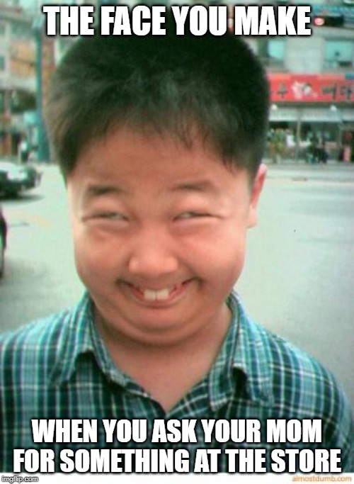 funny asian face | THE FACE YOU MAKE; WHEN YOU ASK YOUR MOM FOR SOMETHING AT THE STORE | image tagged in funny asian face | made w/ Imgflip meme maker