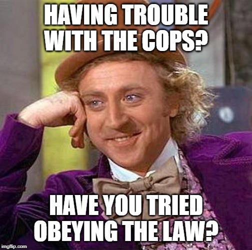 Creepy Condescending Wonka | HAVING TROUBLE WITH THE COPS? HAVE YOU TRIED OBEYING THE LAW? | image tagged in memes,creepy condescending wonka | made w/ Imgflip meme maker