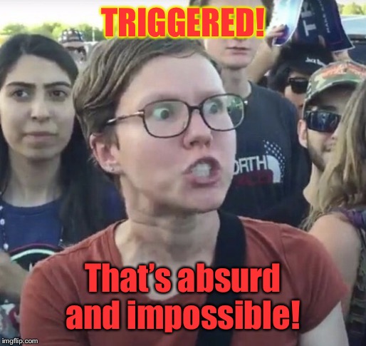 Triggered feminist | TRIGGERED! That’s absurd and impossible! | image tagged in triggered feminist | made w/ Imgflip meme maker