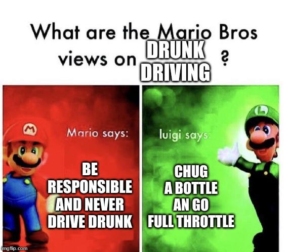 Mario Bros Views | DRUNK DRIVING; BE RESPONSIBLE AND NEVER DRIVE DRUNK; CHUG A BOTTLE AN GO FULL THROTTLE | image tagged in mario bros views | made w/ Imgflip meme maker