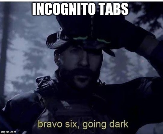Bravo six going dark | INCOGNITO TABS | image tagged in bravo six going dark | made w/ Imgflip meme maker
