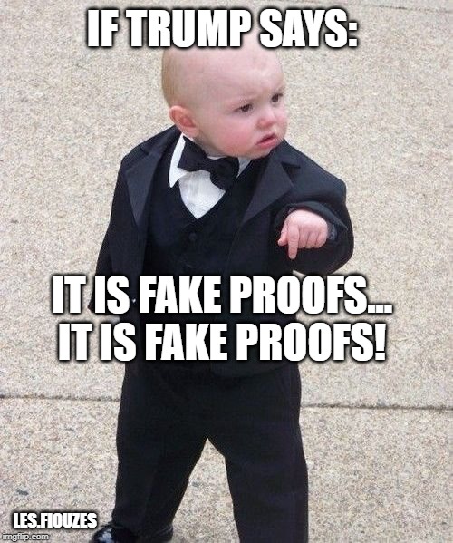 If Trump says... | IF TRUMP SAYS:; IT IS FAKE PROOFS...
IT IS FAKE PROOFS! LES.FIOUZES | image tagged in memes,baby godfather | made w/ Imgflip meme maker