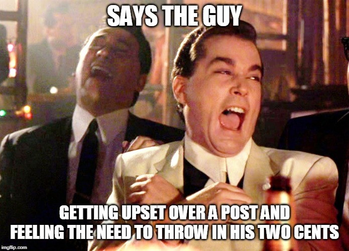 Good Fellas Hilarious Meme | SAYS THE GUY GETTING UPSET OVER A POST AND FEELING THE NEED TO THROW IN HIS TWO CENTS | image tagged in memes,good fellas hilarious | made w/ Imgflip meme maker