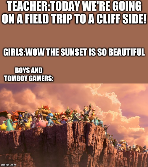 me and the boys smash bros | TEACHER:TODAY WE'RE GOING ON A FIELD TRIP TO A CLIFF SIDE! GIRLS:WOW THE SUNSET IS SO BEAUTIFUL; BOYS AND TOMBOY GAMERS: | image tagged in me and the boys smash bros | made w/ Imgflip meme maker