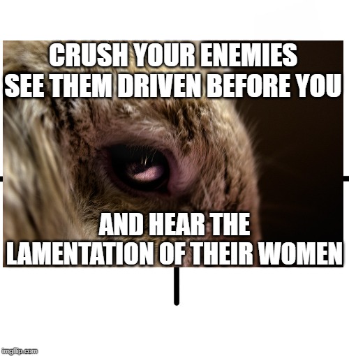 Conan the lepus | CRUSH YOUR ENEMIES
SEE THEM DRIVEN BEFORE YOU; AND HEAR THE LAMENTATION OF THEIR WOMEN | image tagged in conan the barbarian,conan crush your enemies,rabbit,evil | made w/ Imgflip meme maker