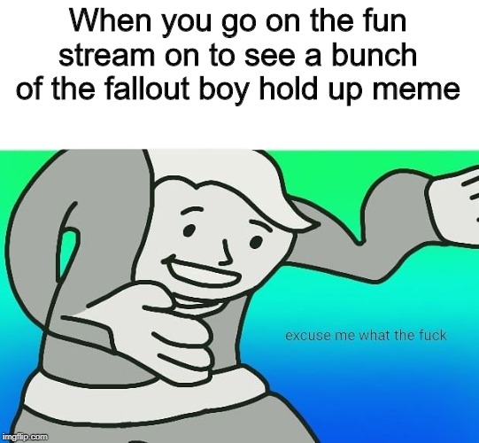 When you only see the fallout boy hold up meme | When you go on the fun stream on to see a bunch of the fallout boy hold up meme | image tagged in fallout boy excuse me wyf,memes,funny,hold up | made w/ Imgflip meme maker