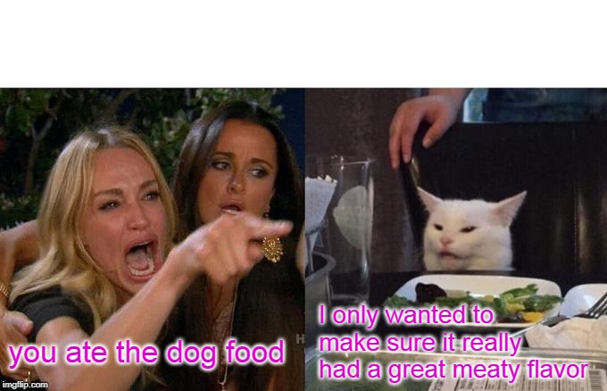 Woman Yelling At Cat | I only wanted to make sure it really had a great meaty flavor; you ate the dog food | image tagged in memes,woman yelling at cat | made w/ Imgflip meme maker