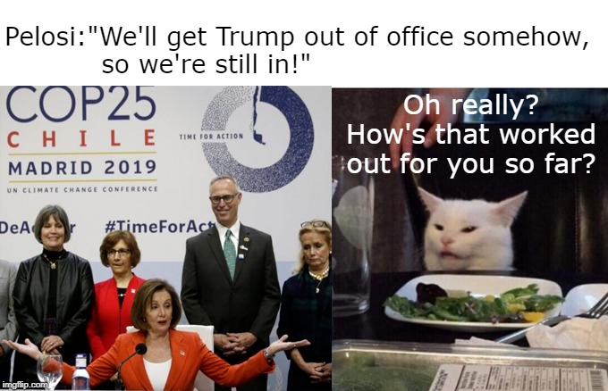 We're still in! | Pelosi:"We'll get Trump out of office somehow, 
           so we're still in!"; Oh really? How's that worked out for you so far? | image tagged in climate change,un,democrats,trump impeachment | made w/ Imgflip meme maker