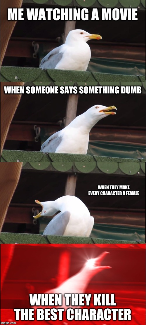 Inhaling Seagull | ME WATCHING A MOVIE; WHEN SOMEONE SAYS SOMETHING DUMB; WHEN THEY MAKE EVERY CHARACTER A FEMALE; WHEN THEY KILL THE BEST CHARACTER | image tagged in memes,inhaling seagull | made w/ Imgflip meme maker