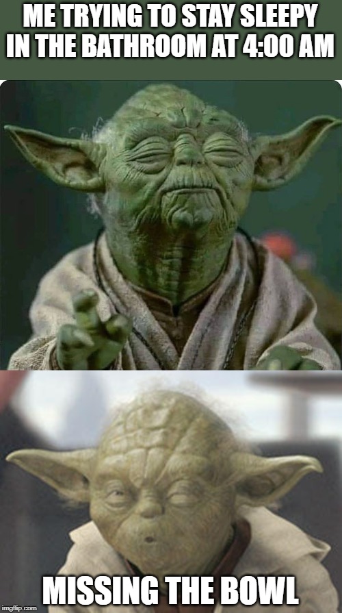 Trying to stay asleep and this happens. | ME TRYING TO STAY SLEEPY IN THE BATHROOM AT 4:00 AM; MISSING THE BOWL | image tagged in funny,funny memes,star wars yoda,yoda | made w/ Imgflip meme maker