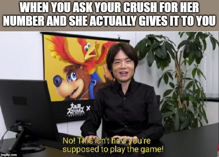 This isn't how you're supposed to play the game! | WHEN YOU ASK YOUR CRUSH FOR HER NUMBER AND SHE ACTUALLY GIVES IT TO YOU | image tagged in this isn't how you're supposed to play the game | made w/ Imgflip meme maker