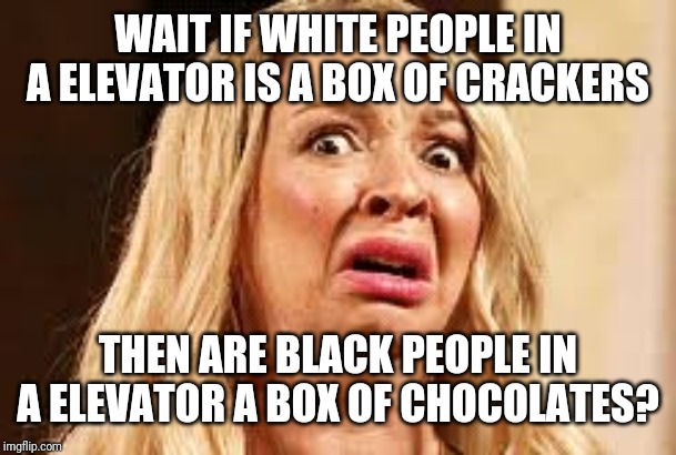 WAIT IF WHITE PEOPLE IN A ELEVATOR IS A BOX OF CRACKERS; THEN ARE BLACK PEOPLE IN A ELEVATOR A BOX OF CHOCOLATES? | image tagged in racism | made w/ Imgflip meme maker