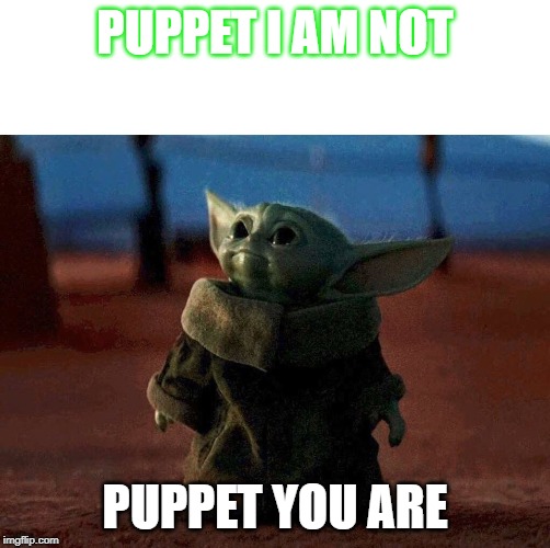 baby yoda | PUPPET I AM NOT; PUPPET YOU ARE | image tagged in baby yoda | made w/ Imgflip meme maker