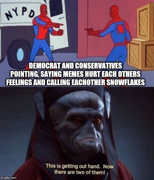 The politics stream had been my main scource of Comedy for a while, but now it is getting stale | DEMOCRAT AND CONSERVATIVES POINTING, SAYING MEMES HURT EACH OTHERS FEELINGS AND CALLING EACHOTHER SNOWFLAKES | image tagged in spiderman pointing at spiderman,this is getting out of hand | made w/ Imgflip meme maker