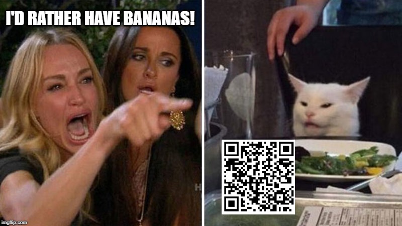 Woman yelling at white cat | I'D RATHER HAVE BANANAS! | image tagged in woman yelling at white cat | made w/ Imgflip meme maker
