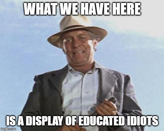 Cool Hand Luke - Failure to Communicate | WHAT WE HAVE HERE; IS A DISPLAY OF EDUCATED IDIOTS | image tagged in cool hand luke - failure to communicate | made w/ Imgflip meme maker