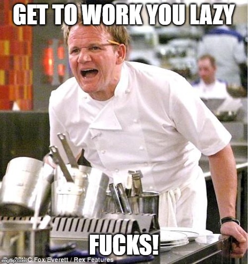 Chef Gordon Ramsay Meme | GET TO WORK YOU LAZY F**KS! | image tagged in memes,chef gordon ramsay | made w/ Imgflip meme maker