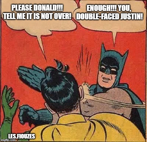 Justin Robin vs Donald Batman Please tell me it is not over! | PLEASE DONALD!!!
TELL ME IT IS NOT OVER! ENOUGH!!! YOU,  DOUBLE-FACED JUSTIN! LES.FIOUZES | image tagged in memes,batman slapping robin | made w/ Imgflip meme maker