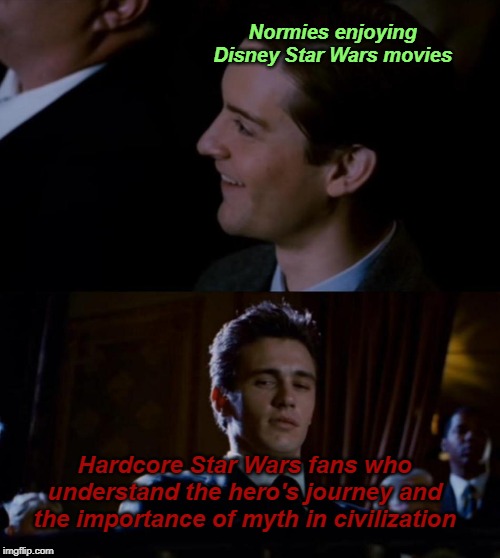 Jealous Harry Osborne |  Normies enjoying Disney Star Wars movies; Hardcore Star Wars fans who understand the hero's journey and the importance of myth in civilization | image tagged in jealous harry osborne,star wars,disney killed star wars | made w/ Imgflip meme maker