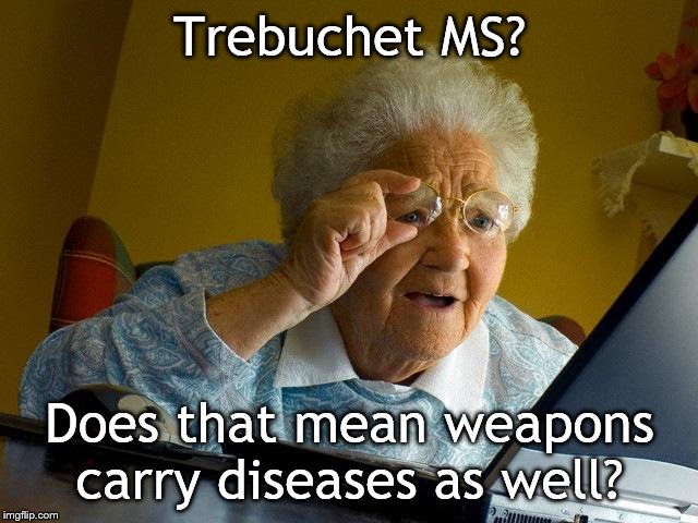 Grandma Finds The Internet | Trebuchet MS? Does that mean weapons carry diseases as well? | image tagged in memes,grandma finds the internet | made w/ Imgflip meme maker