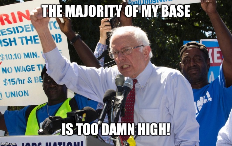 Too Damn High Bernie | THE MAJORITY OF MY BASE; IS TOO DAMN HIGH! | image tagged in too damn high bernie | made w/ Imgflip meme maker
