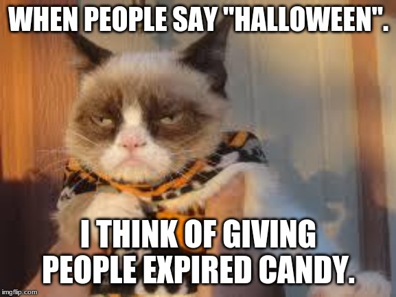 Grumpy Cat Halloween | WHEN PEOPLE SAY "HALLOWEEN". I THINK OF GIVING PEOPLE EXPIRED CANDY. | image tagged in memes,grumpy cat halloween,grumpy cat | made w/ Imgflip meme maker