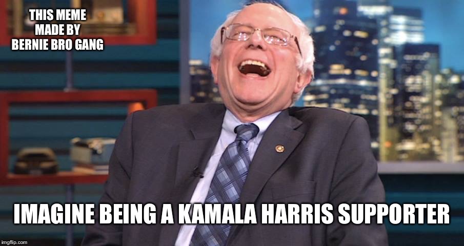 Thanks Tulsi | THIS MEME MADE BY BERNIE BRO GANG; IMAGINE BEING A KAMALA HARRIS SUPPORTER | image tagged in bernie laugh,thanks tulsi | made w/ Imgflip meme maker