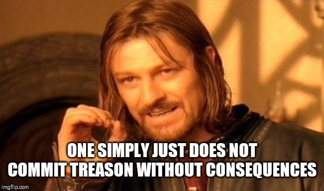 One Does Not Simply | ONE SIMPLY JUST DOES NOT COMMIT TREASON WITHOUT CONSEQUENCES | image tagged in memes,one does not simply | made w/ Imgflip meme maker