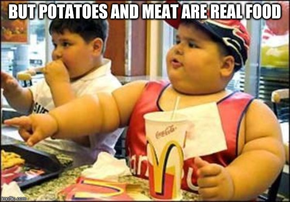 food! | BUT POTATOES AND MEAT ARE REAL FOOD | image tagged in food | made w/ Imgflip meme maker